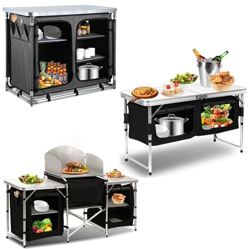 Hebitod Cocina de camping, armario de camping plegable con protección contra salpicaduras, bolsa de transporte, incluye muebles de camping, cocina de camping al aire libre, con estructura de aluminio,