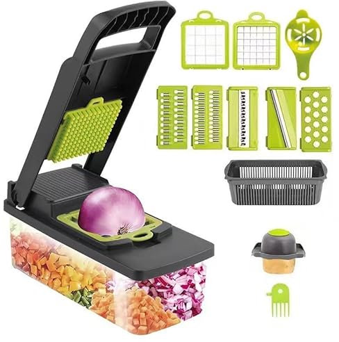 Lnopever 14 in 1 Mandolina per Verdure Professionale, Affettaverdure e Mandolini da Cucina Manuale Multifunzione,Taglia Verdure Cubetti con Custodia,per Aglio, Cavolo, Carote, Patate, Pomodori