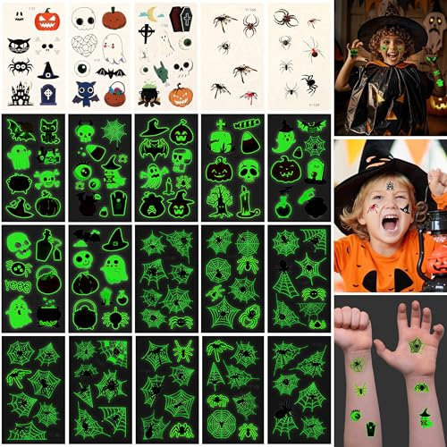 Halloween Tatouage Enfant 20 Feuilles Lumineux Halloween Tatouage Ephémère Autocollant pour Garcon Filles Anniversaire Bal masqué Decoration