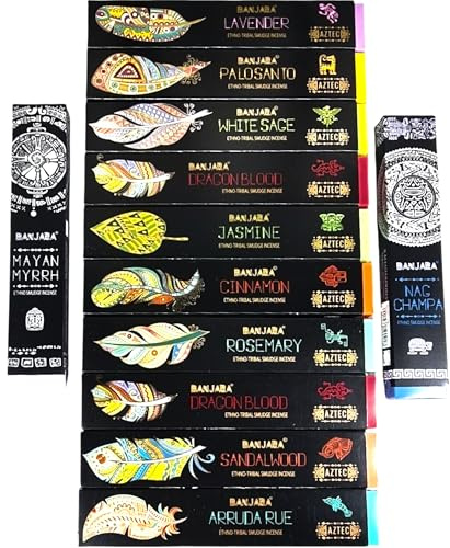 Banjara Incienso Surtido 12 Aromas Diferentes | Pack 12 × 35 g Cada Cajetilla (420g Total) Varillas Naturales para Aromaterapia, Meditación, Yoga y Hogar (Banjara)