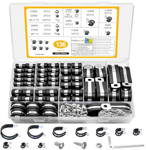 136 Pezzi P Fermacavi, Fascette Fermacavo, P Clips Morsetto per Cavi in Gomma, Fascette Stringitubo, 6mm 8mm 10mm 13mm 16mm 19mm 25mm 32mm 38mm 45mm