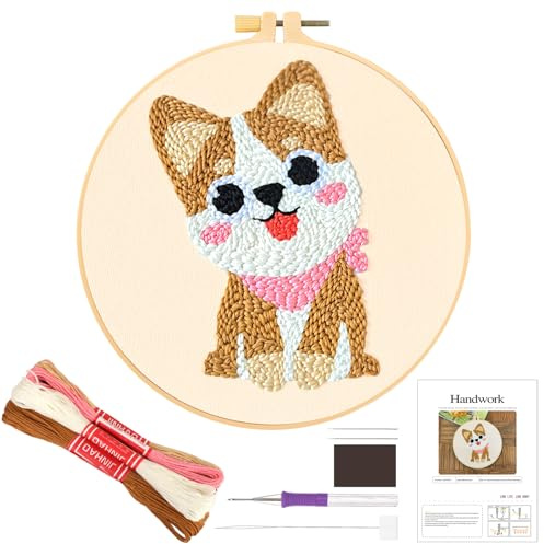 JSRQT Punch Needle Ricamo Kit Cane per Principianti, Aghi per Punzoni Punto Croce con Attrezzo, Ricamo Starter Kit Ago Punzonatura Piccolo Facile per Adulti Bambini Fatto a Mano con Istruzioni