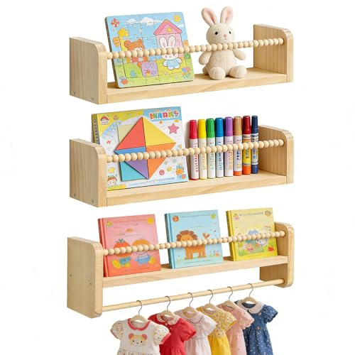 SGZIOO Set of 3 Nursery Shelves, 40cm Nursery Book Shelf, Floating Book Shelves, Wall Bookshelf with Hanging Rail, Kids shelves for Children's Room, Bedroom, Playroom Decor