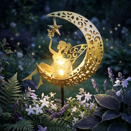 GTYZZH Solar Lights Outdoor Garden, Solar Moon Fairy Lights with Crackle Glass Globe, Garden Ornaments Lights Solar Powered Waterproof for Patio, Yard, Pathway & Lawn, Unique Gardening Gifts for Women
