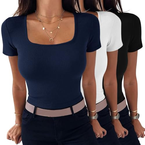 Aottori 3 Pack Womens Summer Tops Ladies Short Sleeve T Shirts Square Neck Basic Tee Shirt Stretch Ribbed Fitted Top Casual Solid