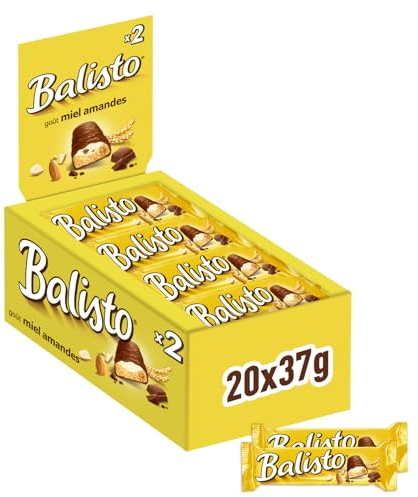 BALISTO - Barre Biscuit Céréales et Chocolat au Lait - 20 x 37g - Goût Miel & Amande - Boite de Barres Chocolatées - Grand Format - 740g