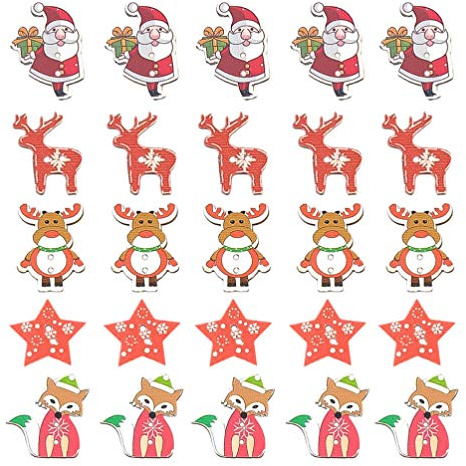 Amosfun - 50 botones de madera de Papá Noel con forma de estrella, rodajas de madera, diseño de reno y, para niños, decoración de mesa, para manualidades, costura, scrapbooking, DIY