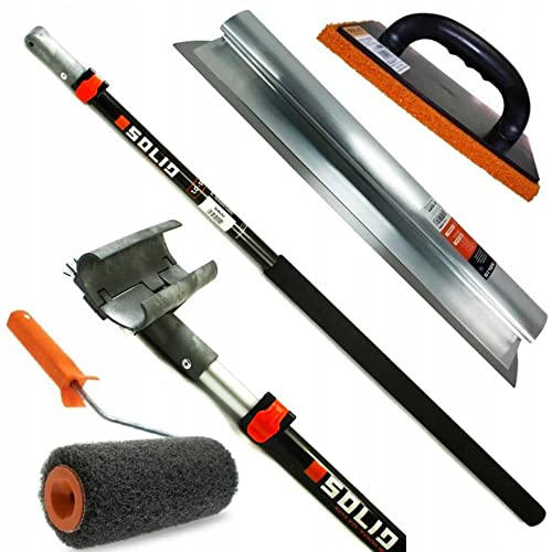 SOLID PROFI SET - Flächenspachtel edelstahl mit aluminium teleskopstange und stielaufnahme für spachtel - Reibebrett Kunststoff mit Schwammgummi und Rollspachtel - MADE IN EU(80cm)