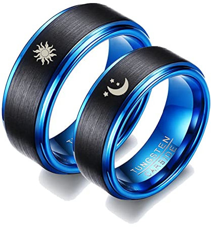ANAZOZ 2 Stück Eheringe Paarpreis Wolfram Sonne und Mond Herren Ringe Partnerringe Bandringe Herren Ring Breit Blau Schwarz mit Kostenlos Gravur