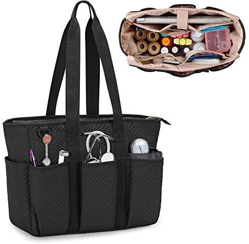 Fasrom Nurse Tote Bag for Work Nurses, Clinical Bag for Doctors, Black | Padded Sleeve fits 15.6 Laptop, 3 pen slots, 8 outer pockets, reinforced straps, for nursing students and home care staff