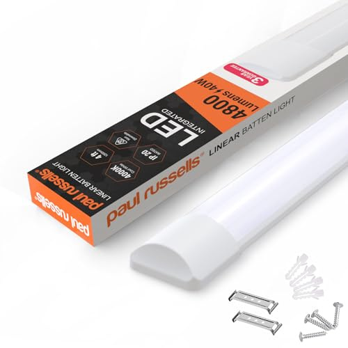 paul russells 4ft LED Batten Light, Ceiling Fitting Tube Light, 4000K Cool White, 40W, 4800 Lumen, Ceiling Light for Office, Bathroom, Kitchen, Garage, Warehouse Fluorescent Lighting Replacement