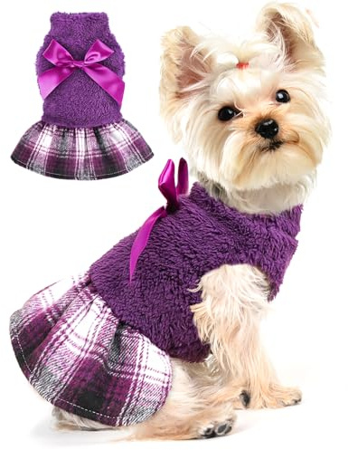 Yikeyo Fuzzy Dog Plaid Sweater Dress, Fall Winter Warm Female Dog Clothes for Small Dogs Girl, Pet Outfit, Cat Apparel (XSmall, Purple)