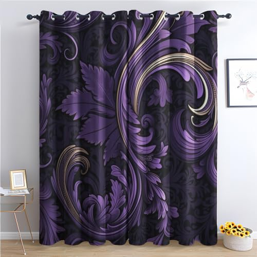 Vorhänge Lila Blätter, Verdunkelungsvorhang 2er Set - Vorhang Blickdicht Fantasie Muster, Thermovorhang für Deko Wohnzimmer Schlafzimmer Kinderzimmer, Gardinen mit Ösen 175x140 cm (HxB) (W6-&112)