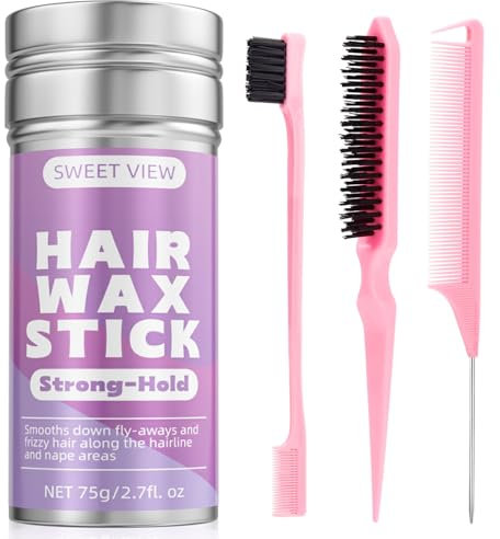 SWEET VIEW Bastoncino di cera per capelli e spazzola per capelli Slick Back per capelli sfibrati, capelli crespi, coda di cavallo, chignon, accessori per lo styling per ragazze e bambini.i