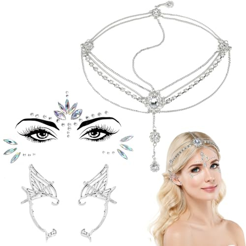 Elf Håraccessoarer Boho Kvinnor Öron Elf Örhängen Silver Hår Smycken Tiara Elva Kristall Glitter Make Up Glitter Klistermärken Ansikte Tillbehör Huvudbonad Halloween Cosplay Kostym