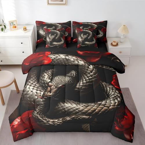 Erosebridal Black Snake Bed in a Bag Queen Comforter Set 7 Piece,Little Dragon Reptile Bedding Sets Serpentine African Animals Bed Sheets,Exotic Tropical Desert Wildlife Sheet Set with Comforter