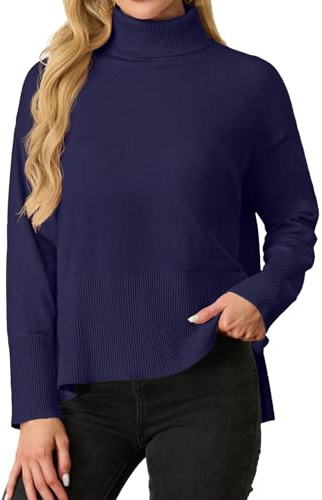IWOLLENCE Pull à col roulé pour femme - Polo en tricot côtelé à col roulé pour femme - Pull au crochet avec fente, bleu marine, L