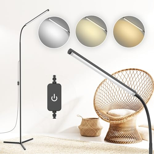 WEDEESUN 15W Floor Lamp with Touch Control Adjustable Brightness 3500K-7000K 360° Gooseneck LED Floor Lamps Eye-Caring Floor Lamp for Living Room, Bedroom & Office Stepless Dimming Standing Lamp