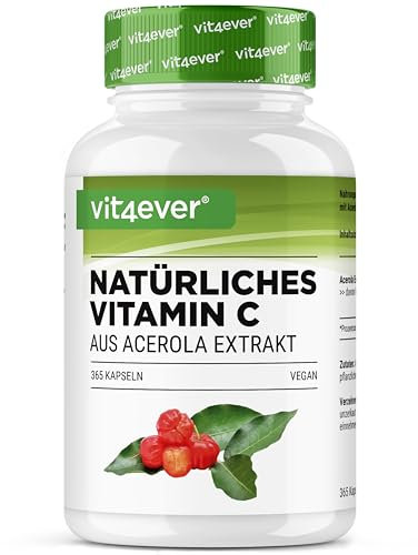 vit4ever Natürliches Vitamin C aus Acerola Extrakt - 365 Kapseln - Hochdosiert - Premium Rohstoff - Ohne unerwünschte Zusätze - Vegan