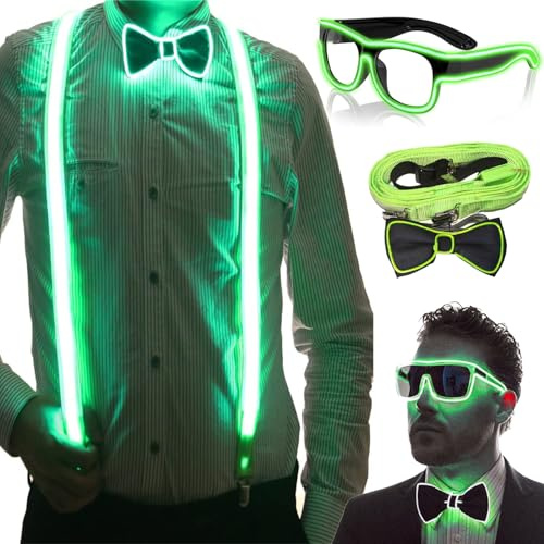 YeahBoom Bretelles lumineuses à LED pour homme et nœud papillon - Bretelles LED - Pour festival de musique, Halloween, fête costumée, Noël, accessoires de fête sombres fluo