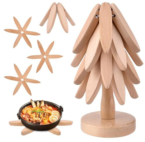 Sottopentola in legno per piastra calda con supporto a forma di albero, set di 4 supporti isolanti in legno pieghevoli per piatti caldi, protezione tavolo decorativo per pentole, teiere e fonduta