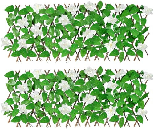 Lot de 2 clôtures artificielles extensibles avec fleurs blanches - 280 cm - Clôture brise-vue pour jardin, balcon, extérieur