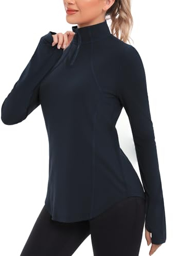 Crewhpo Camiseta Deportiva Mujer de Manga Larga 1/4 Cremallera Camisetas Deporte UPF 50+ Ropa de Tops Ligero y Secado Rápido para Correr Gimnasio Fitness Yoga