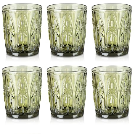 Joeyan Lot de 6 Verres à Eau Vert, 320ml Verres à Jus et Soda, Moderne Verres à Boire Décoré en Géométrique Relief, Verre de Table Pour Eau Gazeuse Orangeade Apéritif et Bière, Lavable Lave-Vaisselle