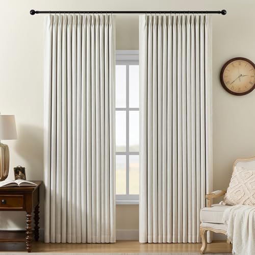 Pinch Pleated Curtains 100% Blackout Linen Curtains 95 Inches Long for Bedroom Living Room, Natural Memory Trained Thermal Insulated Room Darkening Window Pleat Drapes with Hooks, 2 Panels, 40Wx95L