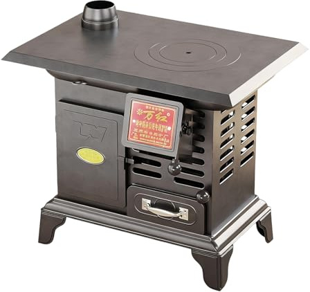 Estufa de Leña con Horno y Chimeneas Excelente Disipación del Calor, Estufa de Leña Multifuncional para Hornear, Calentar, Hervir Agua y Cocinar