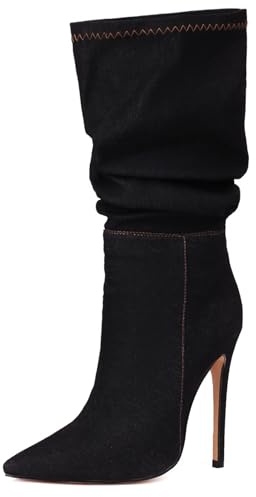 Gicoiz Mi-Mollet Aiguille Bottes Slouch Femme Pointu Elegant A Enfiler Hiver Talons Hauts Mode Denim Bottines Robey Noir Taille 34 EU