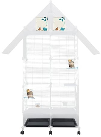 Grande cage à oiseaux, avec 6 roulettes, freins, avec toit, grande cage pour perruches, canaris, calopsittes, avec accessoires, 74 x 37 x 163 cm, blanche