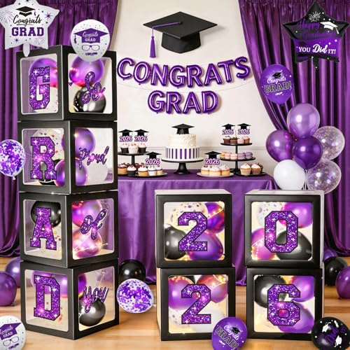 Graduation Decorations 2026 - Purple Graduation Decorations - Set of 4 Balloons Boxes with Letters 2026 GRAD So Proud of You, Congrats Grad Party Decorations for Any Grades