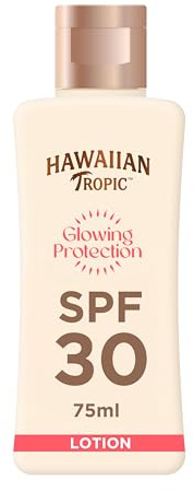 Hawaiian Tropic Lotion protectrice Glowing Protection, Écran solaire résistant à l’eau, Protection SPF 30 UVA + UVB Crème solaire, Lotion solaire au beurre de karité, Format voyage, 75 ml