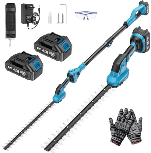 Tagliasiepi con Asta Telescopica, 2 in 1 Kit Potatura Sega Elettrico Tagliasiepi 2,65 M con Motore da 550 W, 2 * 4000 mAh Batterie, Tracolla, Occhiali e Guanti per Tagliare Giardini, Arbusti, Rami