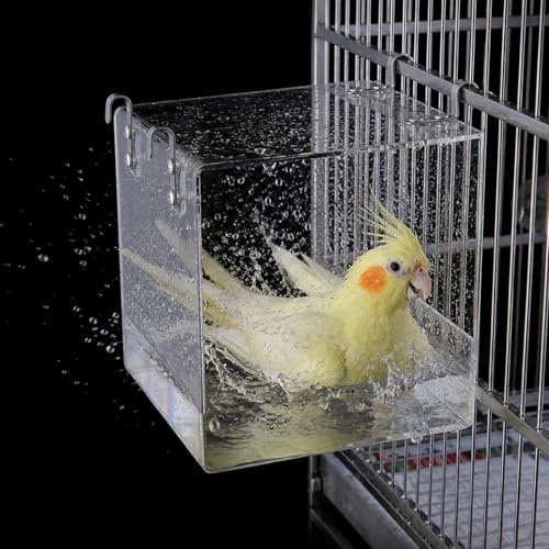 Pawfly Baignoire pour Oiseaux à Suspendre, boîte de Bain en Acrylique Transparent pour perruches, perroquets, calopsittes, canaris, inséparables & pinsons, 12,7 × 11,2 × 13 cm