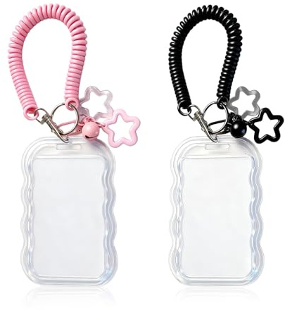 2 PCS Porte Photocard Badge avec Élastique ave Breloque Étoile et Cloche (Noir et rose)