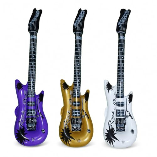 Ovanda 3 guitarras hinchables XXL en lila, oro y blanco como decoración de fiesta