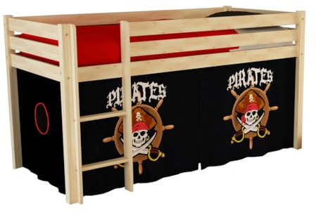 VIPACK PICOHSZG1077 Spielbett Pino mit Textilset Pirates, Maße 210 x 114 x 106 cm, Liegefläche 90 x 200 cm, Kiefer massiv Natur lackiert
