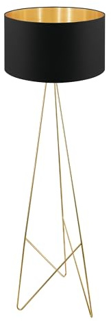 EGLO Stativ Stehlampe Camporale, Lampe Wohnzimmer mit Textil-Schirm, Standleuchte aus Metall und Stoff in schwarz und Messing, Design Stehleuchte mit Schalter, E27 Fassung