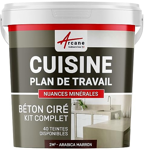 Béton ciré cuisine, plan de travail, crédence, évier, sol et mur, revêtement mural décoratif, kit complet - 2 m² (en 2 couches) Arabica Marron - ARCANE INDUSTRIES