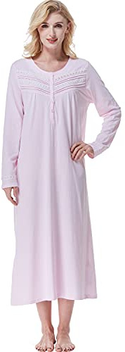 Keyocean Camisones Mujer Algodón Invierno Camisón de Manga Larga Ropa de Dormir Vestido Cómodo Suelto con Botones para Hogar, Rosa Claro, L
