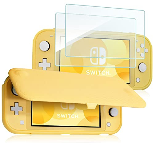 ProCase Klapp Schutzhülle + (2 Stück) Displayschutzfolien für Nintendo Switch Lite 2019, Weich dünn TPU Stoßfest Hülle + 2 Hartglas Blasenfrei Displayschutzfolien aus gehärtetem Glas –Gelb