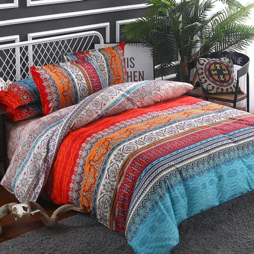 Goodidea Striped Bohemian Comforter Set Queen Size 3 Pieces Boho Hippie Geometric Bedding Set Soft Breathable Reversible Microfiber Boho Comforter with 2 Pillowcases(20x26)