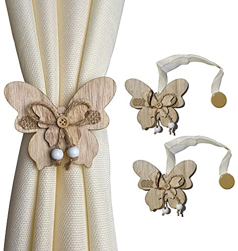 GIRASOLE HOME 2 Fermatende Magnetici in Legno a Forma di Farfalla Stile Shabby Chic 2 Pezzi con Cordino in Organza per Tende Leggere e Tendine (Farfalla, Naturale)