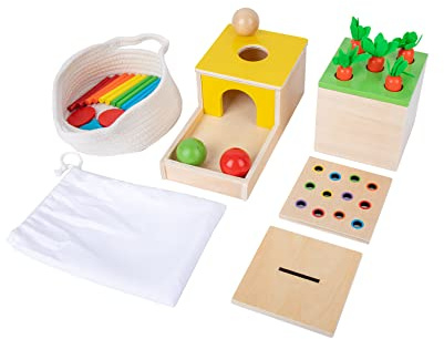 Adena Montessori Kit de Juego de Madera 4 en 1, Juguetes para bebés, Caja de permanencia de Objetos, Juego de Gota de Color de cerillas, Cosecha de Zanahorias y Caja de Monedas, Juguete de Gota de