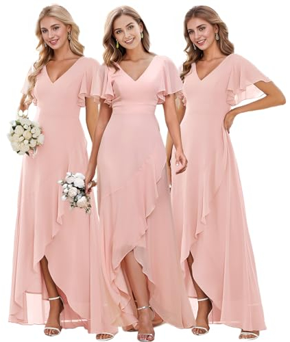 Ever-Pretty Robe de Bal Femme Longue Asymétrique Manches Courtes Col V Fendue Fluide Chic Rose Clair 46