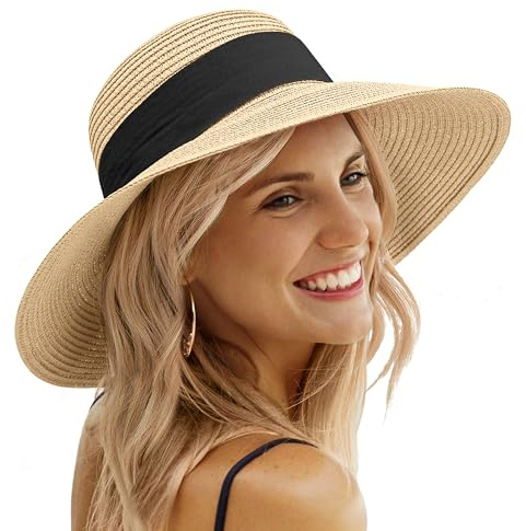 Sun Beach Hats for Women, Wide Brim Womens Straw Hat with Chin Strap, Foldable Beach Hats UV Protection
