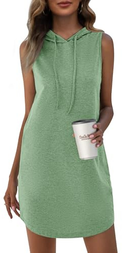 WNEEDU Abito Estivo Mini Abito Felpa da Donna Abito Senza Maniche con Coulisse e Cappuccio Verde pisello XL