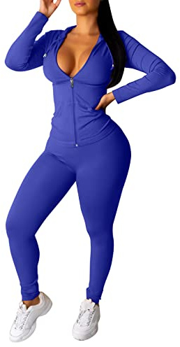 Survêtement pour femme - Ensemble sexy - Col en V - En coton - Ensemble de course - Sweatshirt et pantalon de jogging - Combinaison de sport moulante - 2 pièces - Tenue de sport, bleu, XL